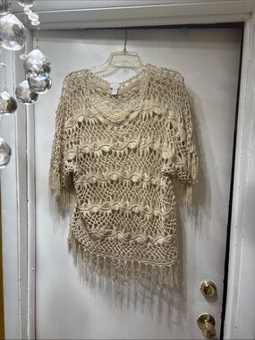 Chico's Cream Crochet Fringe Open-Knit Top
